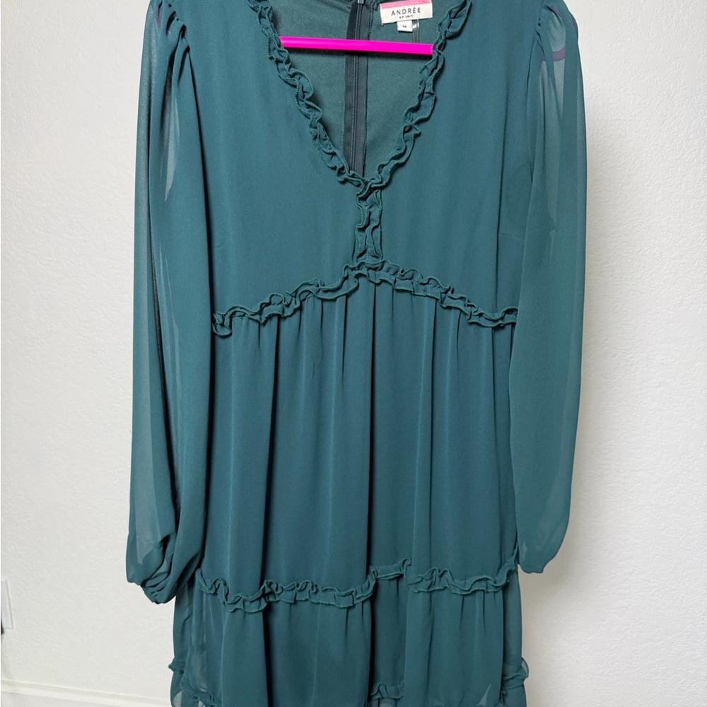Andree Dark Teal Green Ruffle V-Neck Long Sleeve Dress